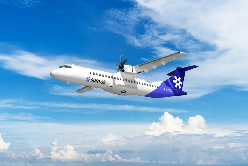 SUM Air Aircraft flying with its blue and white livery against a background of a blue sky with white clouds