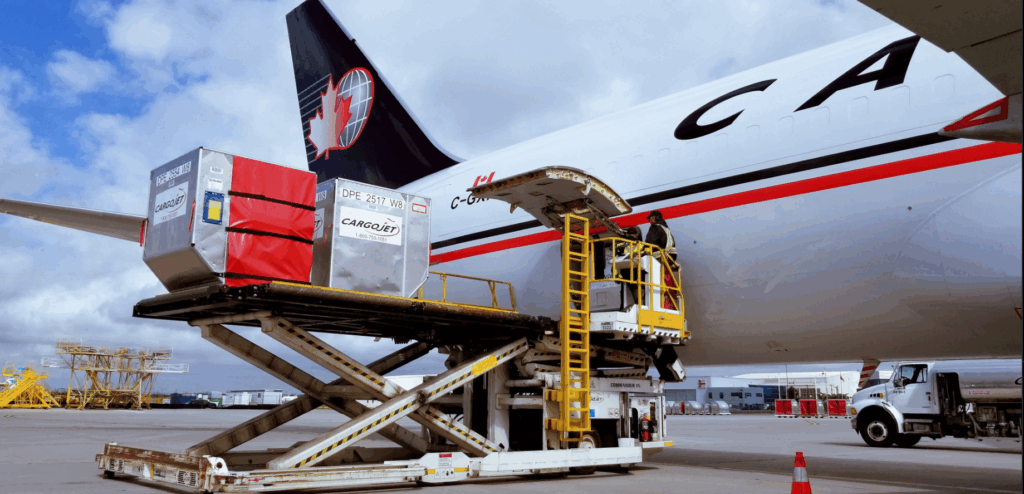Cargojet aircraft loading cargo.