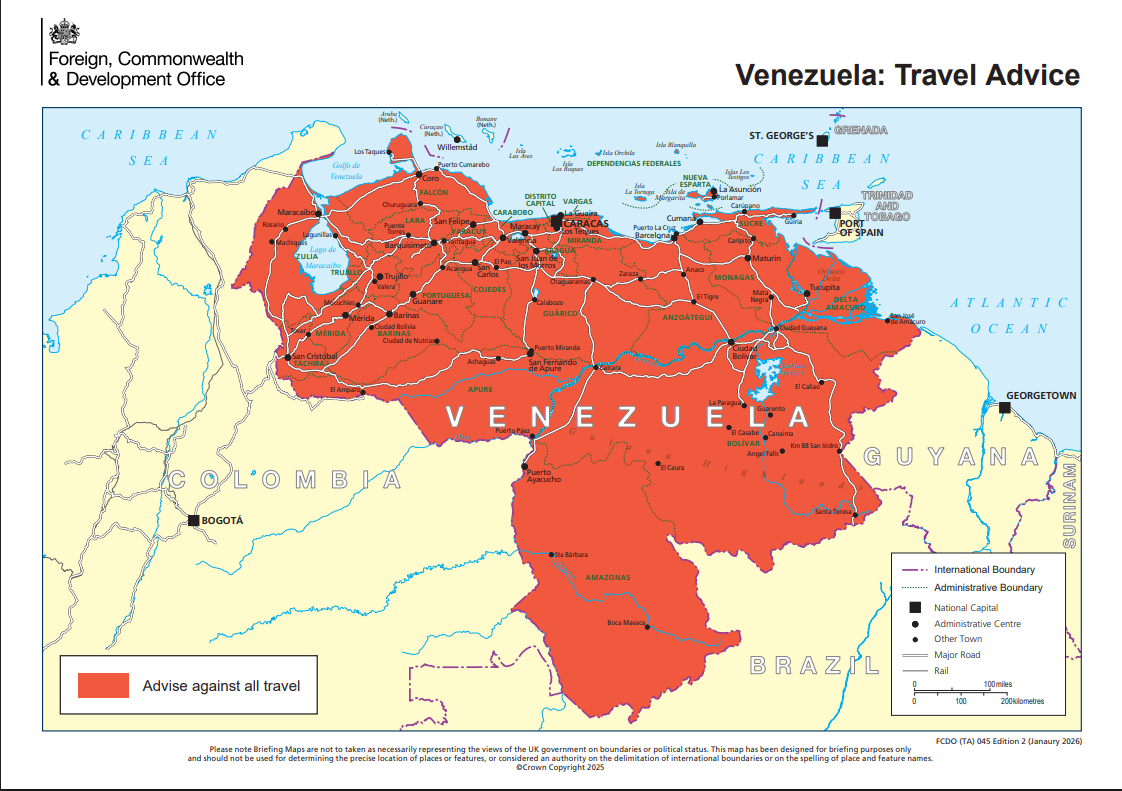 UK Government's travel advisory for Venezuela; a map with the Venezuelan airspace highlighted as "Advise against all travel".