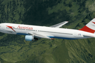 Austrian Airlines 767 soaring over the alps