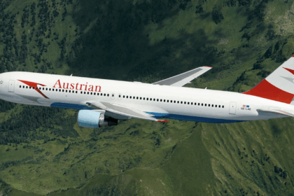Austrian Airlines 767 soaring over the alps