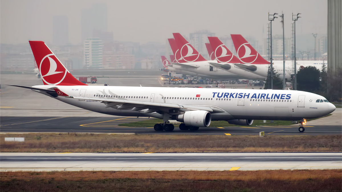 An Airbus A330, operated by Turkish Airlines, at the former Istanbul Atatürk Airport, with several other Turkish Airlines aircraft visible in the background