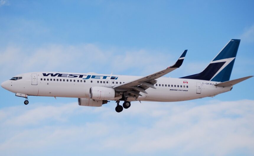 A WestJet 737 aircraft flies above clouds with landing gear engaged.