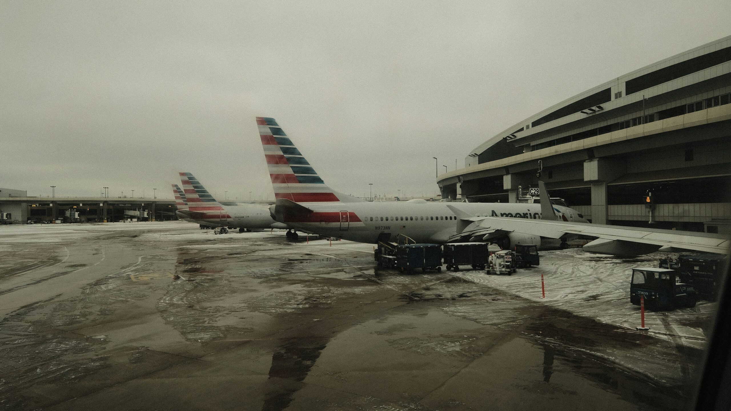 American Airlines aircraft in snowy airport