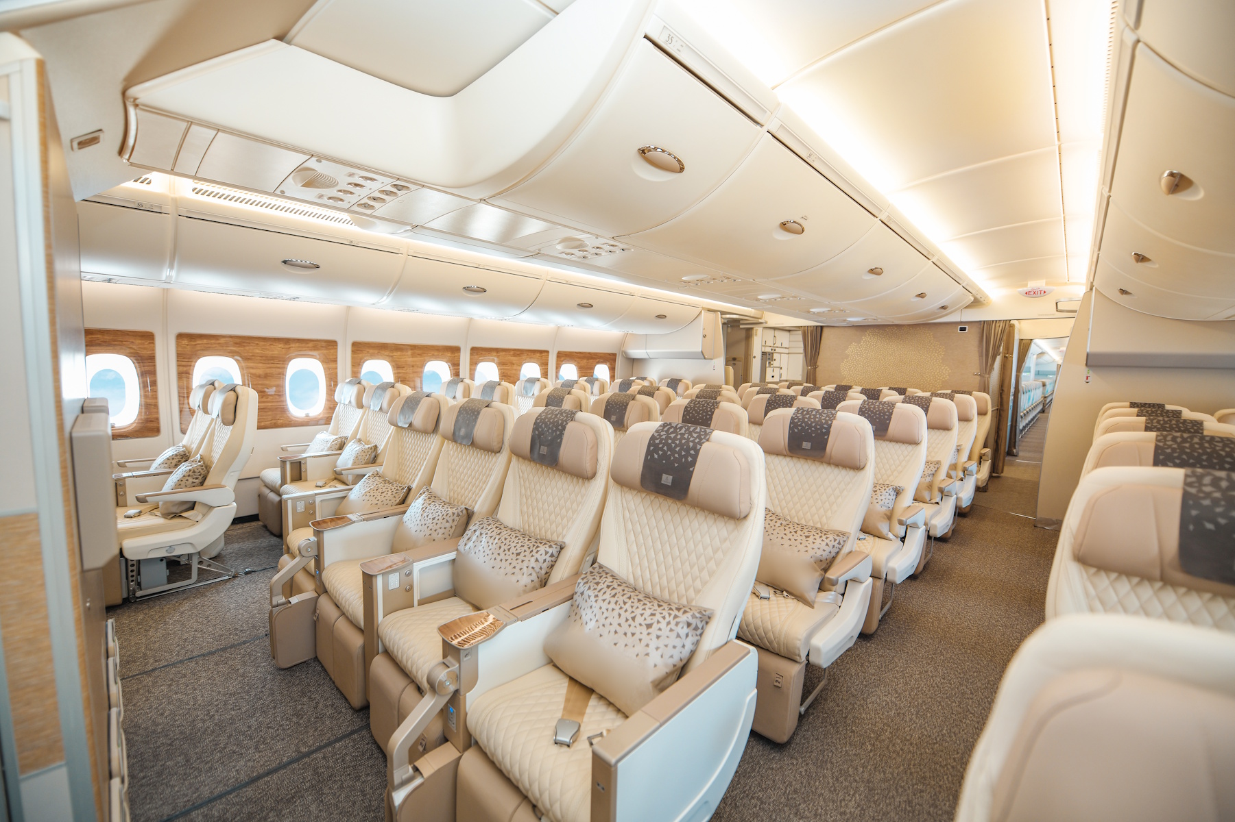 The interior of an Emirates Premium Economy cabin, slowly being rolled out on A350s, A380s and 777s.