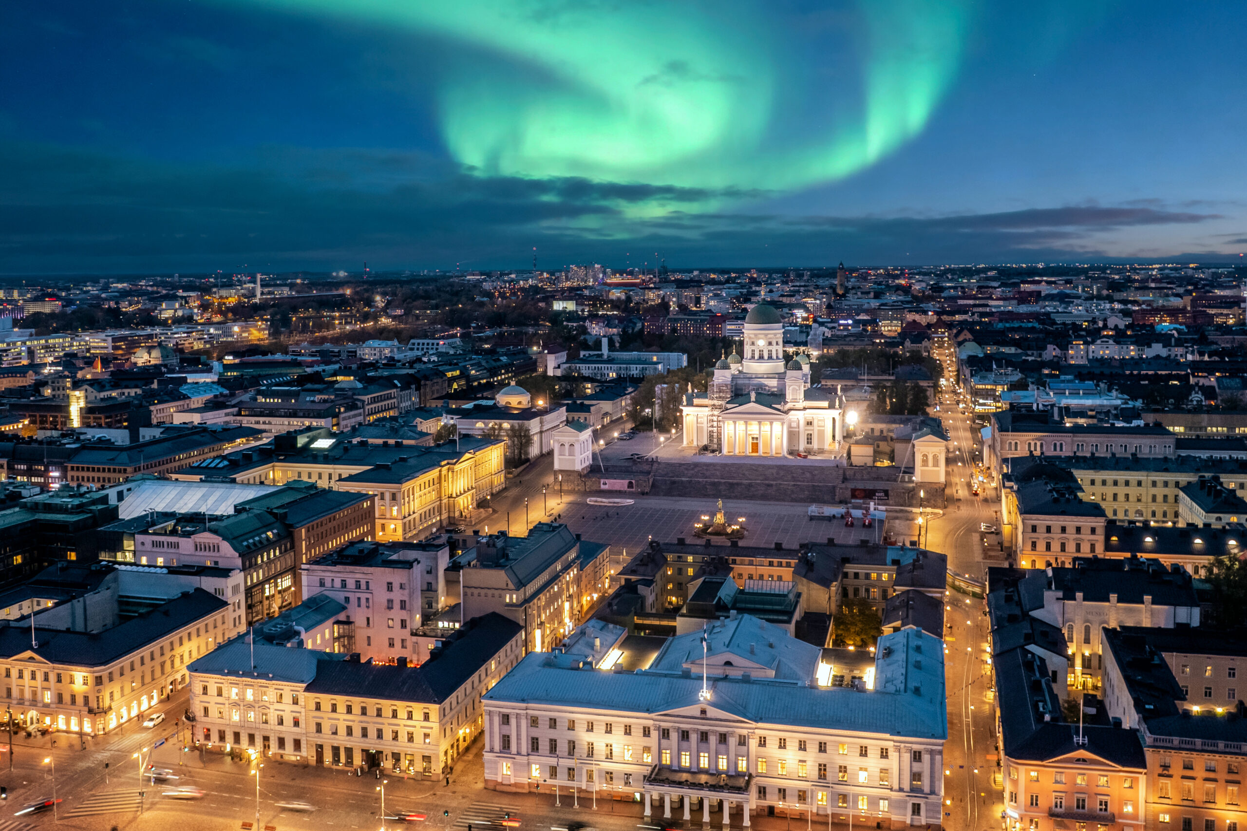 Aerial view of Helsinki cathedral and city with aruroa sky background. Photo taken in Helsinki, Finland