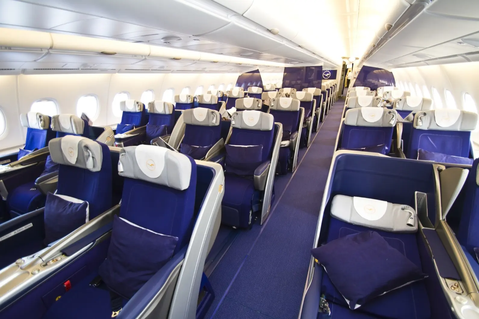 A Lufthansa A380 interior view of Business Class.