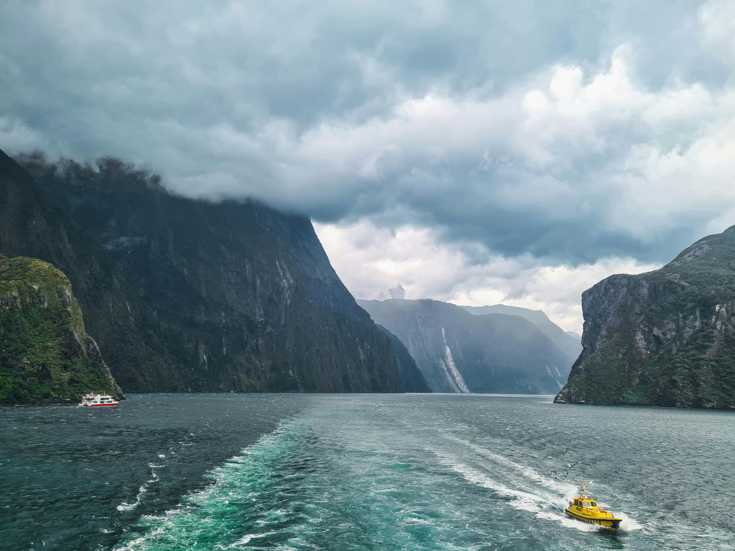 Scenic Fjord with Boats in Milford Sound, New Zealand