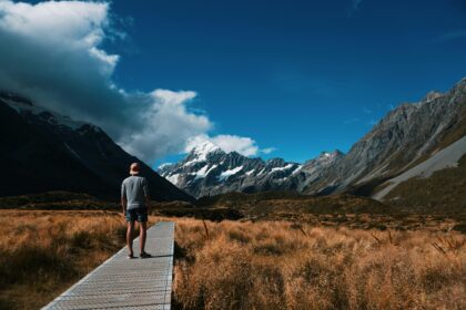 Person Looking at Snow Covered Mountain
