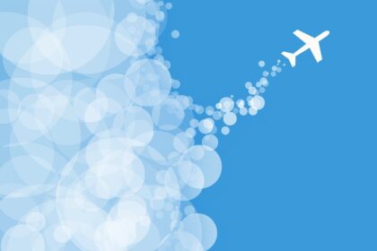 Illustration of an aircraft flying upward with cloud bubbles, symbolising aviation emissions, sustainable aviation fuel, decarbonising aviation costs $5tn and the zero aviation transition.