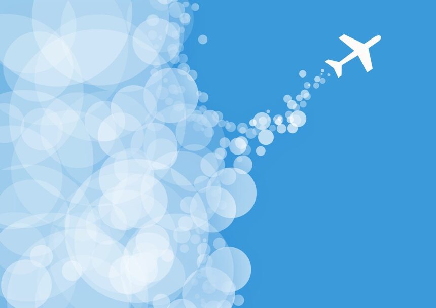 Illustration of an aircraft flying upward with cloud bubbles, symbolising aviation emissions, sustainable aviation fuel, decarbonising aviation costs $5tn and the zero aviation transition.