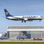 Ryanair Boeing 737 aircraft landing at an airport, illustrating Ryanair Zagreb schedule 2026 and Ryanair Summer 2026 Zagreb route changes affecting Zagreb Airport flights.