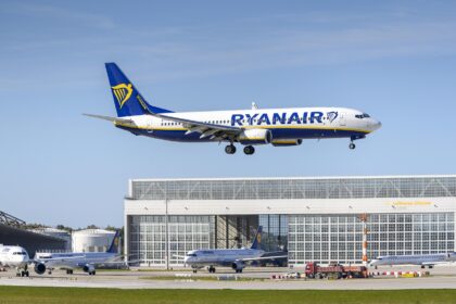 Ryanair Boeing 737 aircraft landing at an airport, illustrating Ryanair Zagreb schedule 2026 and Ryanair Summer 2026 Zagreb route changes affecting Zagreb Airport flights.