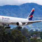 A LATAM Cargo Boeing 767-300 freighter aircraft in a low position.