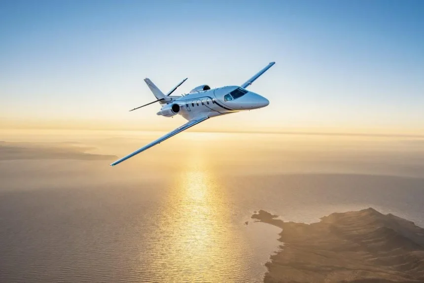 Citation Ascend business jet flying close to a shoreline.