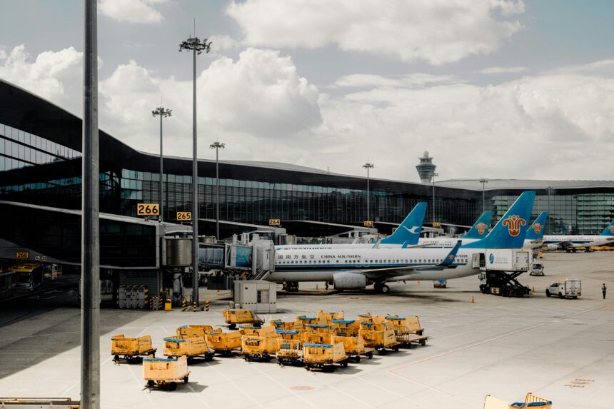 Guangzhou Baiyun International Airport view from outside with a China Southern aircraft.