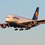 A Lufthansa Airlines Airbus A380 in mid flight.