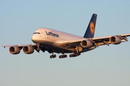 A Lufthansa Airlines Airbus A380 in mid flight.