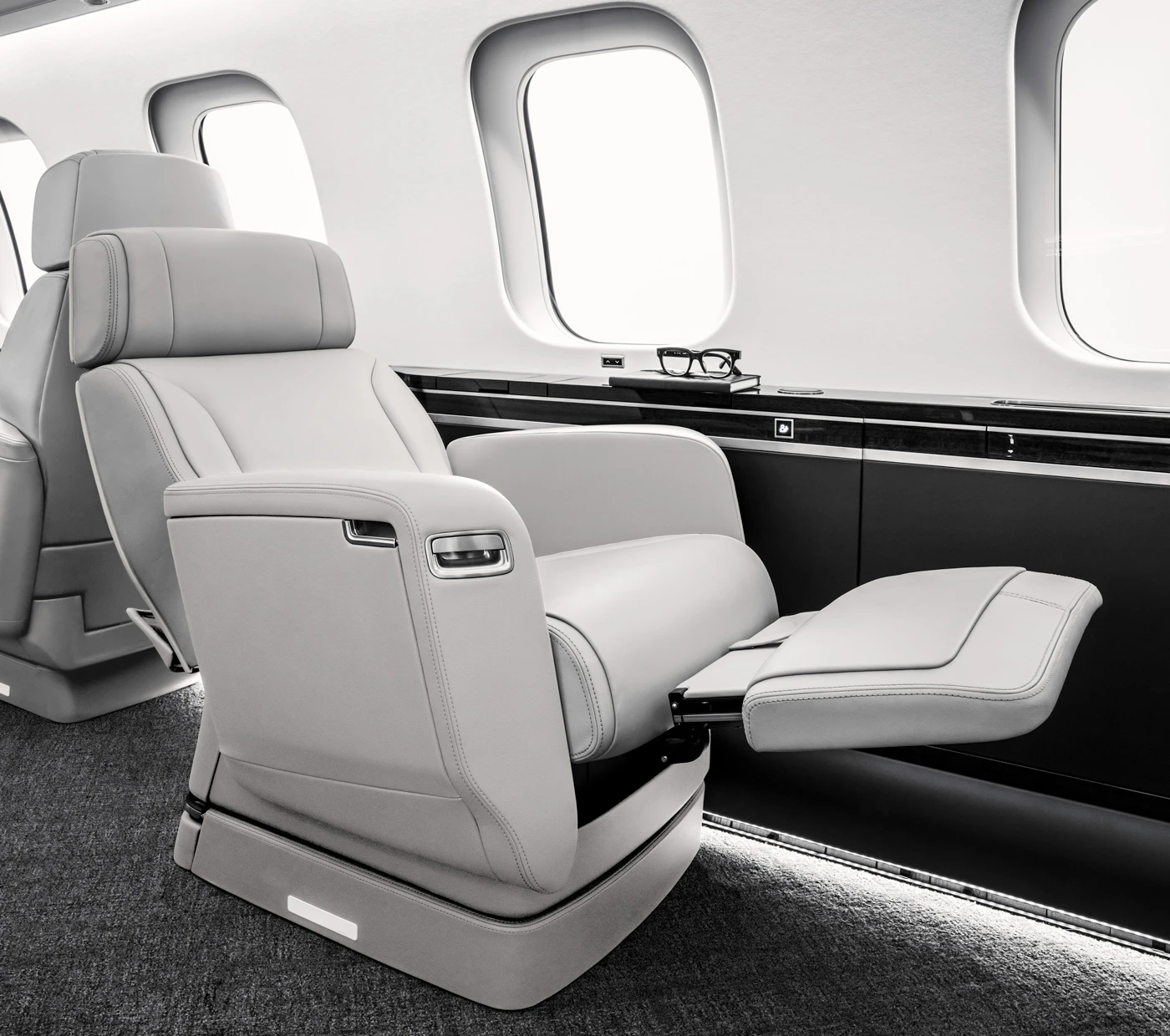 Bombardier Global 8000 cabin interior with Nuage zero-gravity seat in ultra-long-range business jet
