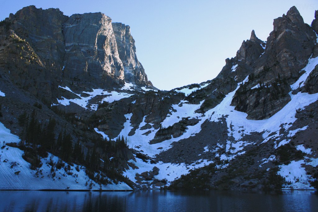 snow, mountains, lake, towering trees
