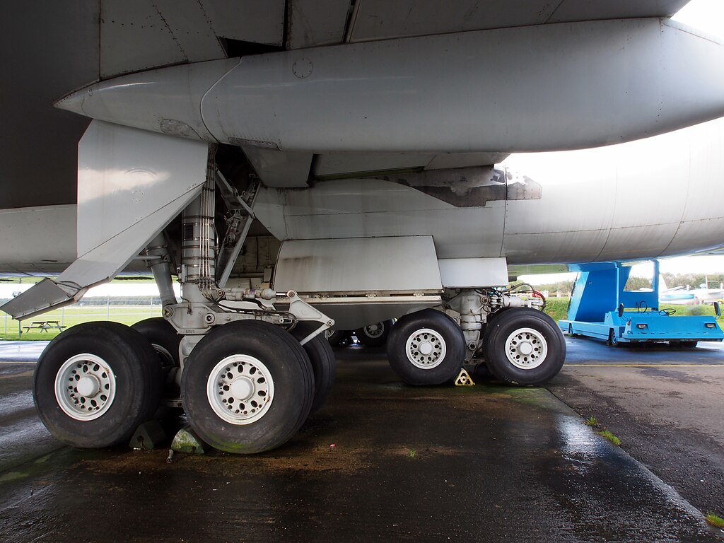 This image shows the landing gear of a Boeing 747 aircraft.