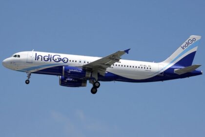 This is the image of an IndiGo flight flying in the sky