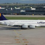 A Lufthansa aircraft stationed at the airport