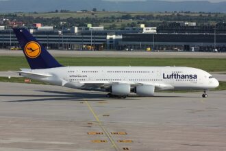 A Lufthansa aircraft stationed at the airport