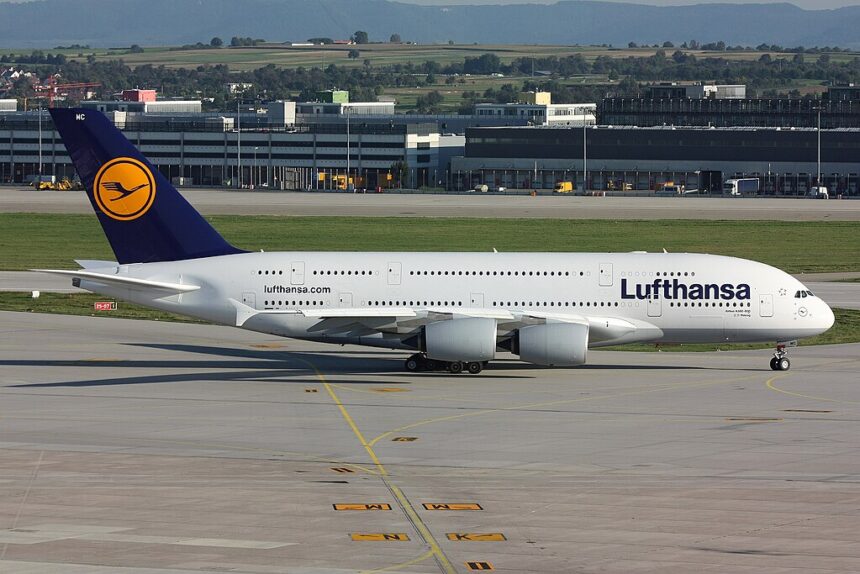 A Lufthansa aircraft stationed at the airport