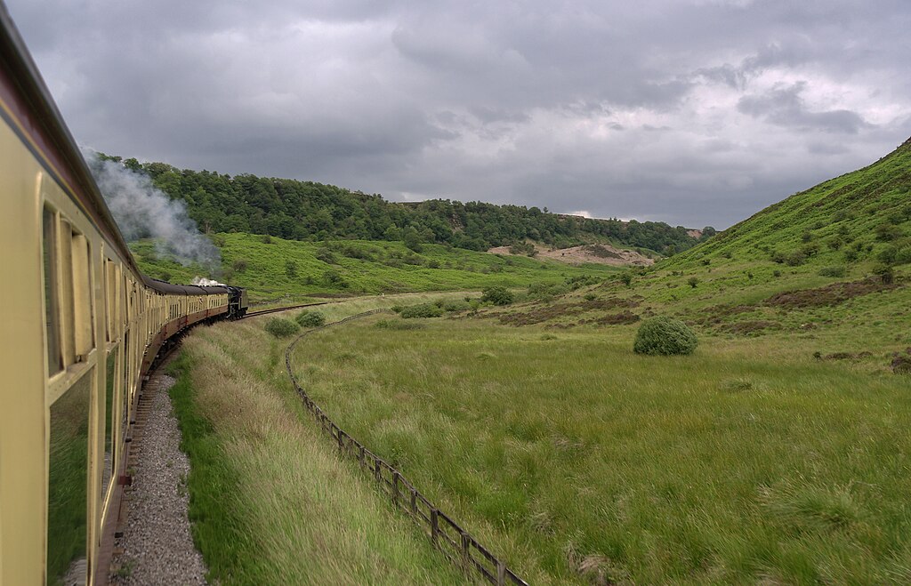 clowdy skies, fences, train, greenery