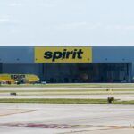 Spirit Airlines base, showing jets parked on tarmac out the front.