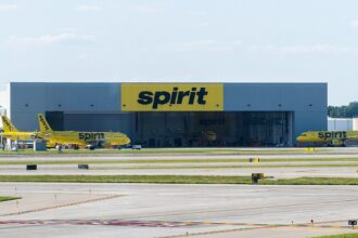 Spirit Airlines base, showing jets parked on tarmac out the front.