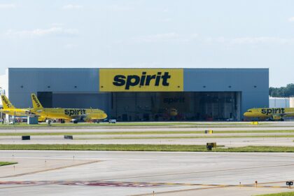 Spirit Airlines base, showing jets parked on tarmac out the front.