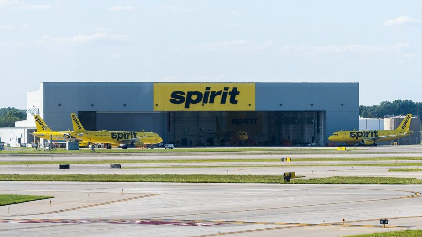 Spirit Airlines base, showing jets parked on tarmac out the front.