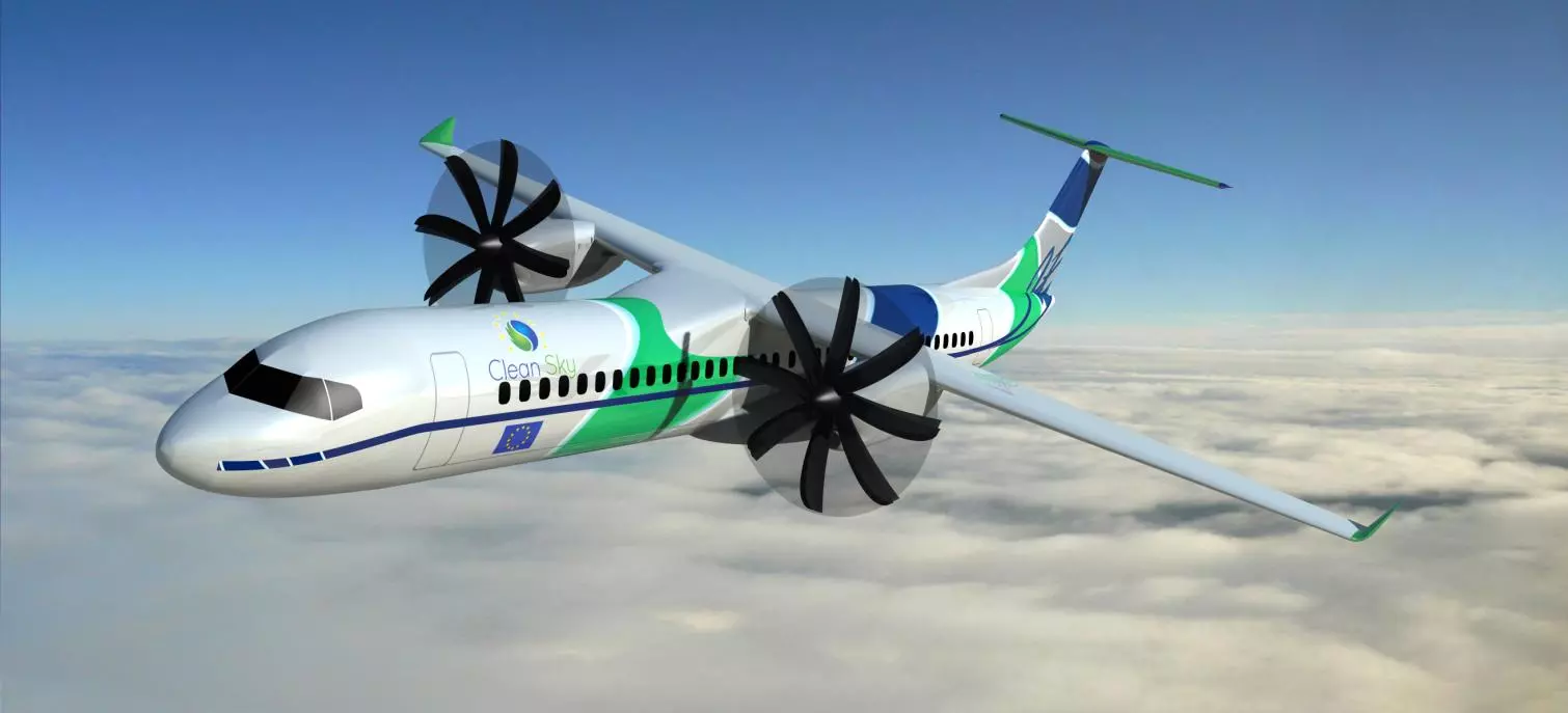 Design of Clean Aviation jet, flying in the blue sky.