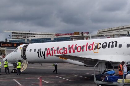 An Africa World Airlines Embraer 145 parked at the new international terminal at Roberts International Airport in Liberia