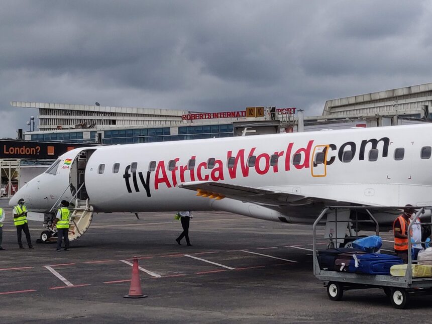 An Africa World Airlines Embraer 145 parked at the new international terminal at Roberts International Airport in Liberia