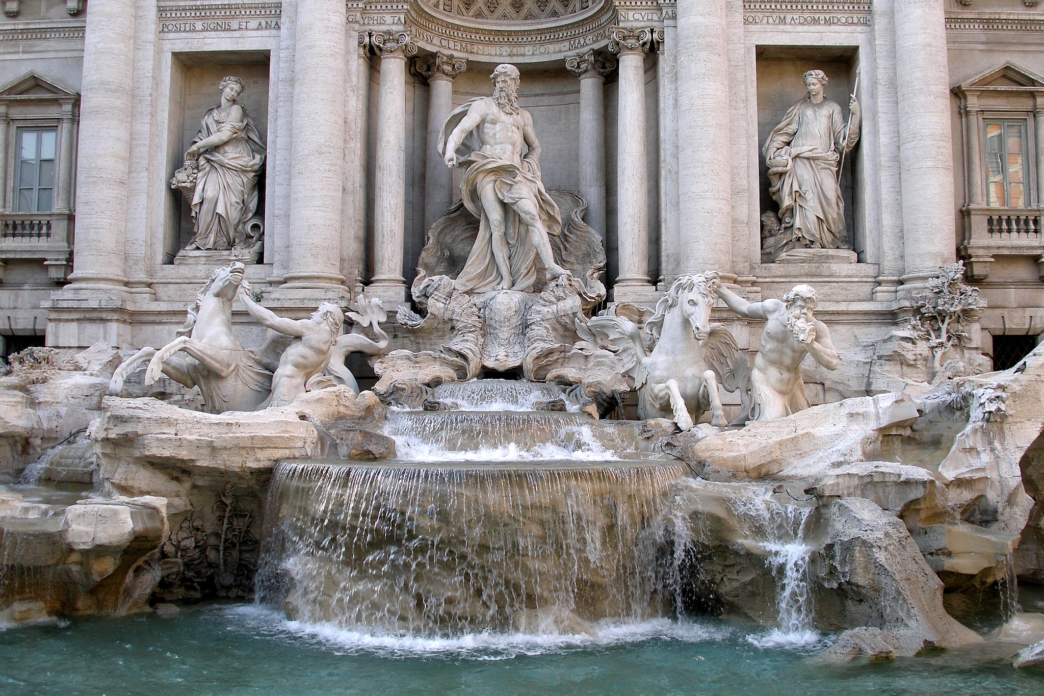 The Trevi Fountain in Rome, Italy, one of the most famous examples of Baroque sculpture featuring Oceanus, father of the river gods.