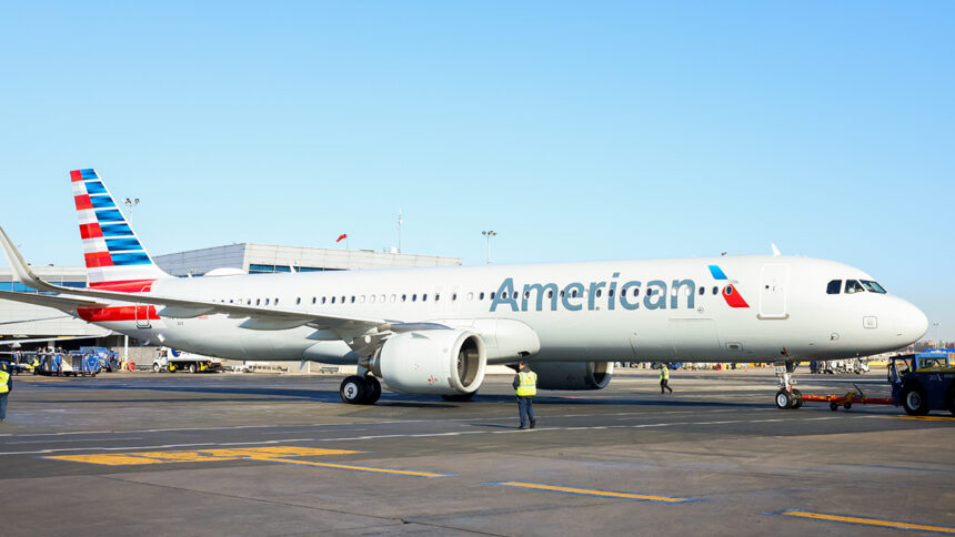 An American Airlines Airbus A321XLR aircraft parked at an airport.