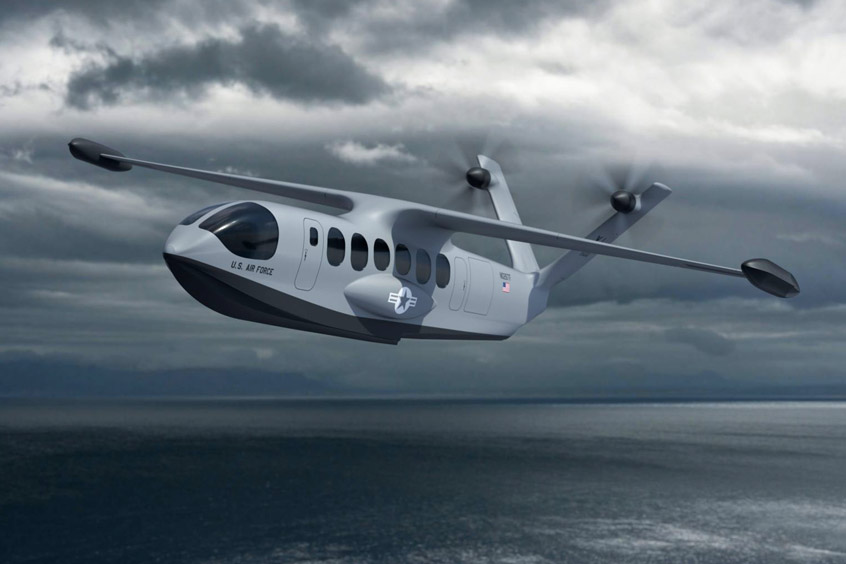Tidal Flight Polaris aircraft, flying over the sea, clouds in the sky.