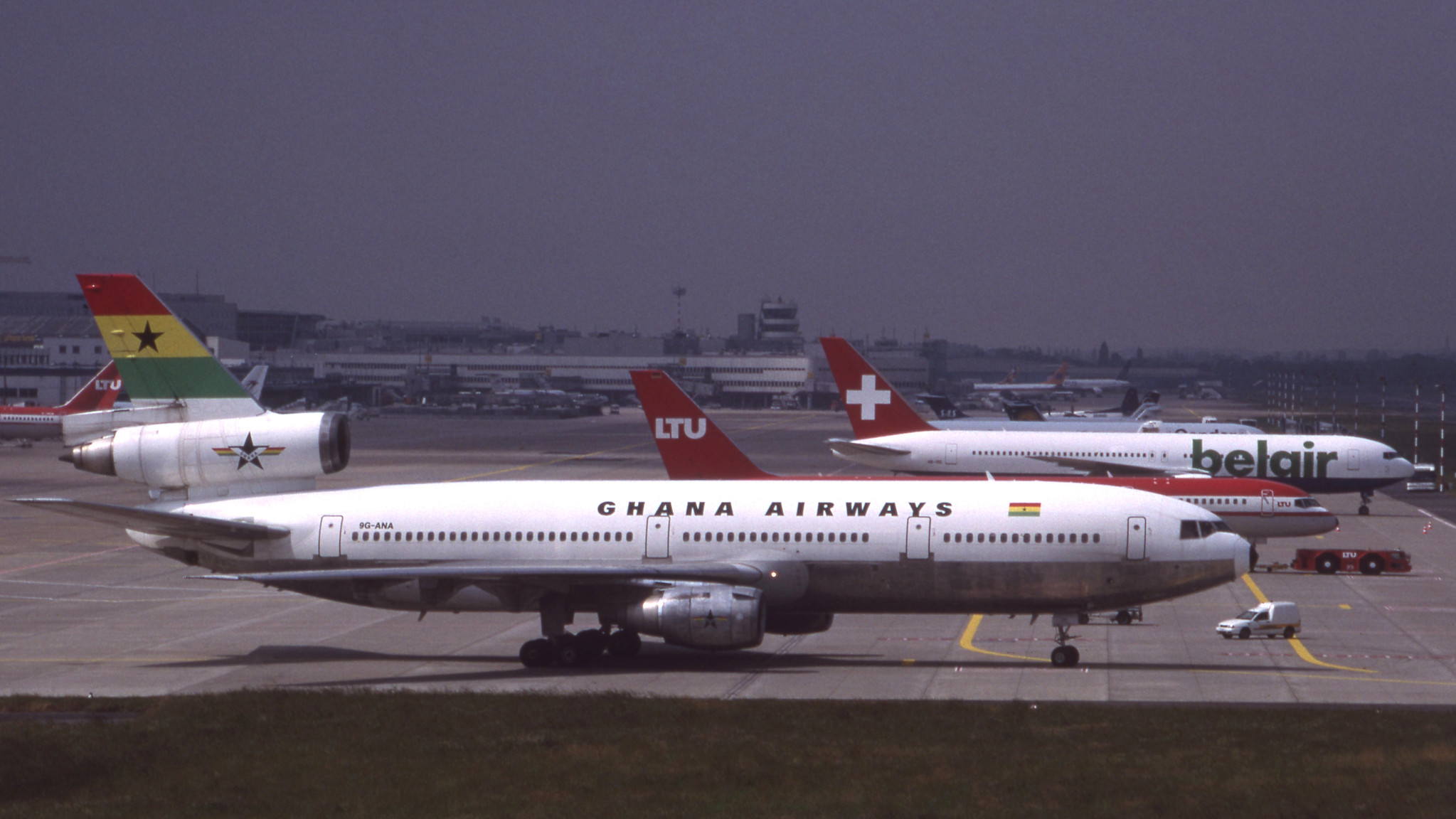 Ghana Airways aircraft, with the Ghana flag depicted on the tail above the engine.