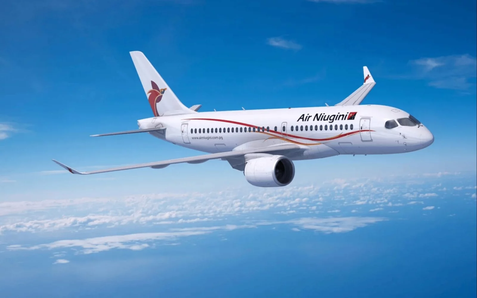 An Airbus A220-300 in flight over blue skies.