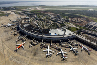 Aerial view of Terminal 1 at Rio de Janeiro's Galeão International Airport (GIG) during the 2016 Olympics.