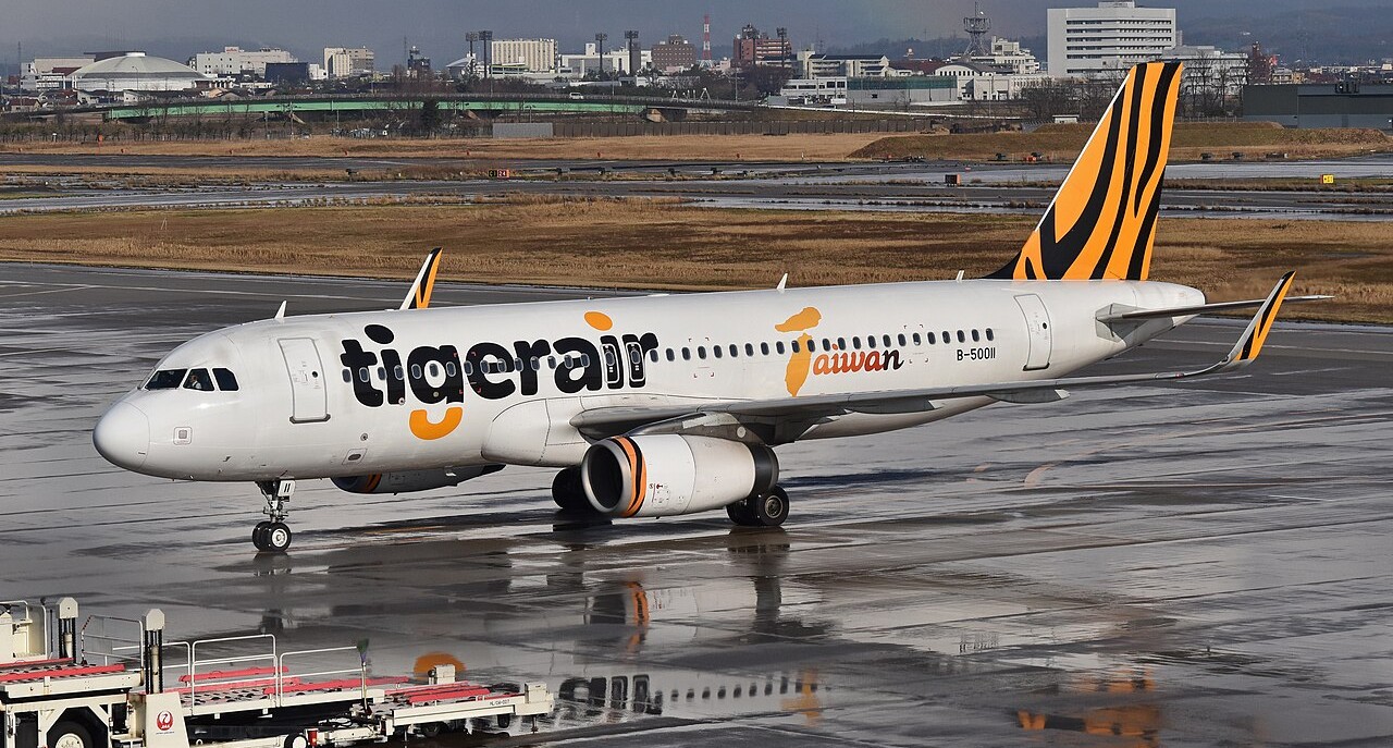 Tigerair Taiwan A320 aircraft on the tarmac before a flight.