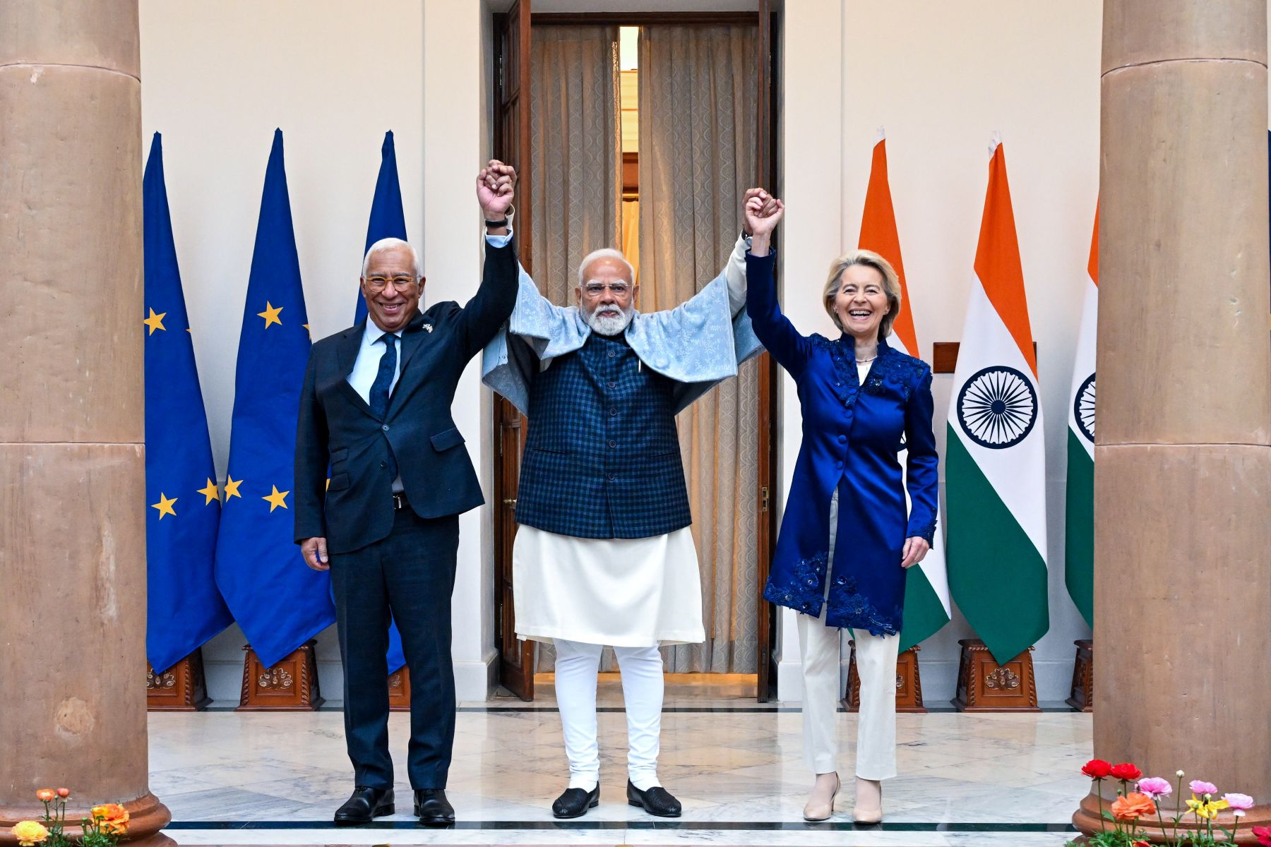 António Costa, Narendra Modi, and Ursula von der Leyen during the India-EU Summit.