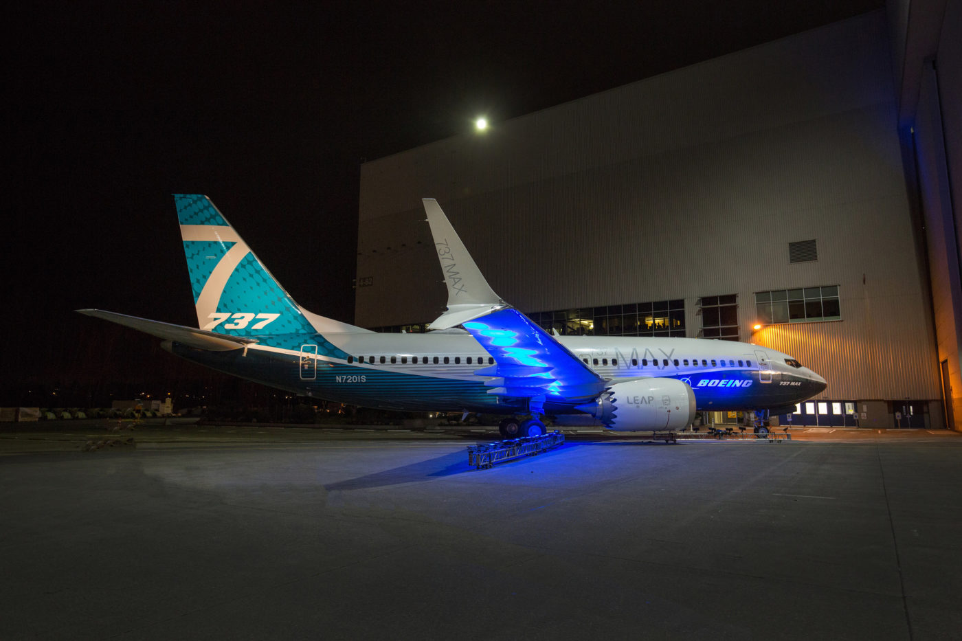 Boeing's 737 MAX parked at night
