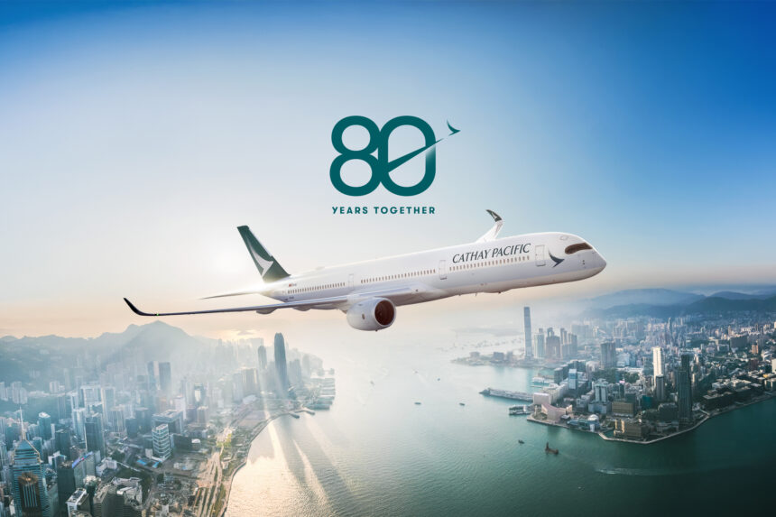 An image depicts the 80 years anniversary celebration of the airlines with their aircraft flying in the sky.