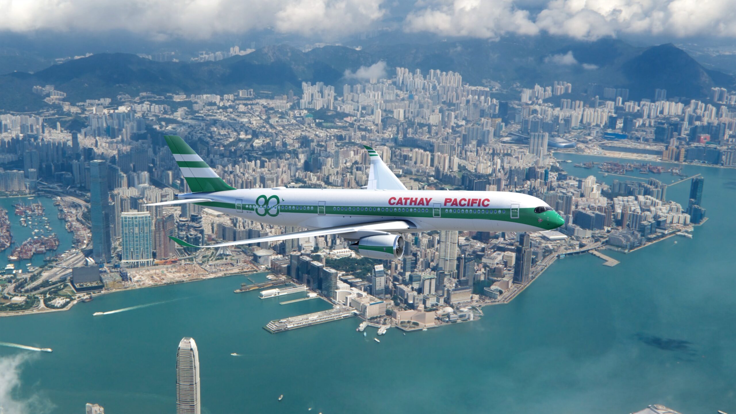 This image showcase a Cathay Pacific aircraft in its new livery, flying over a city.