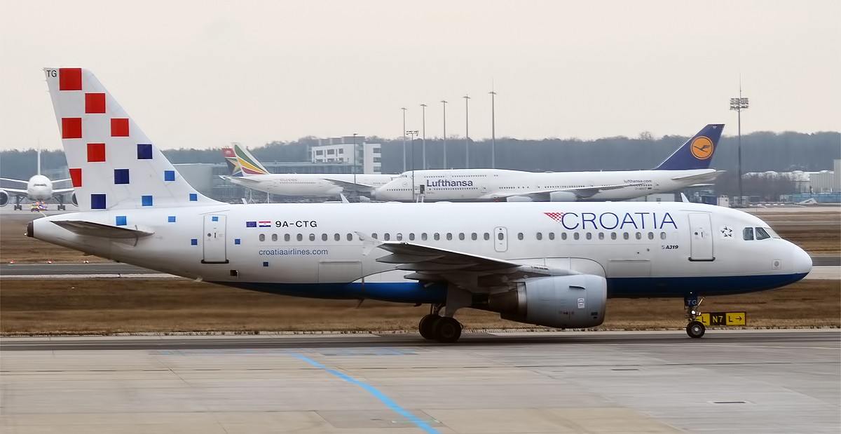 Croatia Airlines aircraft, on the runway before takeoff.