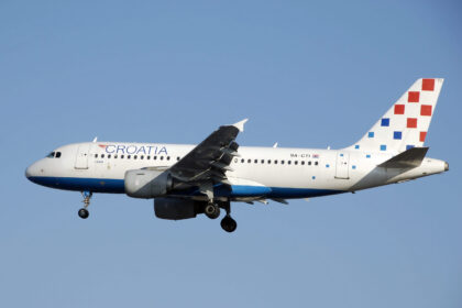 Croatia Airlines Airbus A319-100 (9A-CTI) landing at London Heathrow Airport, England.